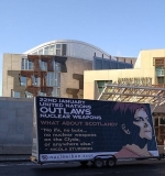 Mobile billboard outside Holyrood in Edinburgh