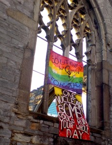 banner hanging on church